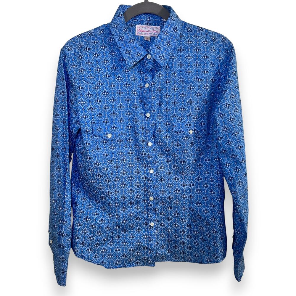 Panhandle Slim blue bandana print long sleeve pearl snap top
